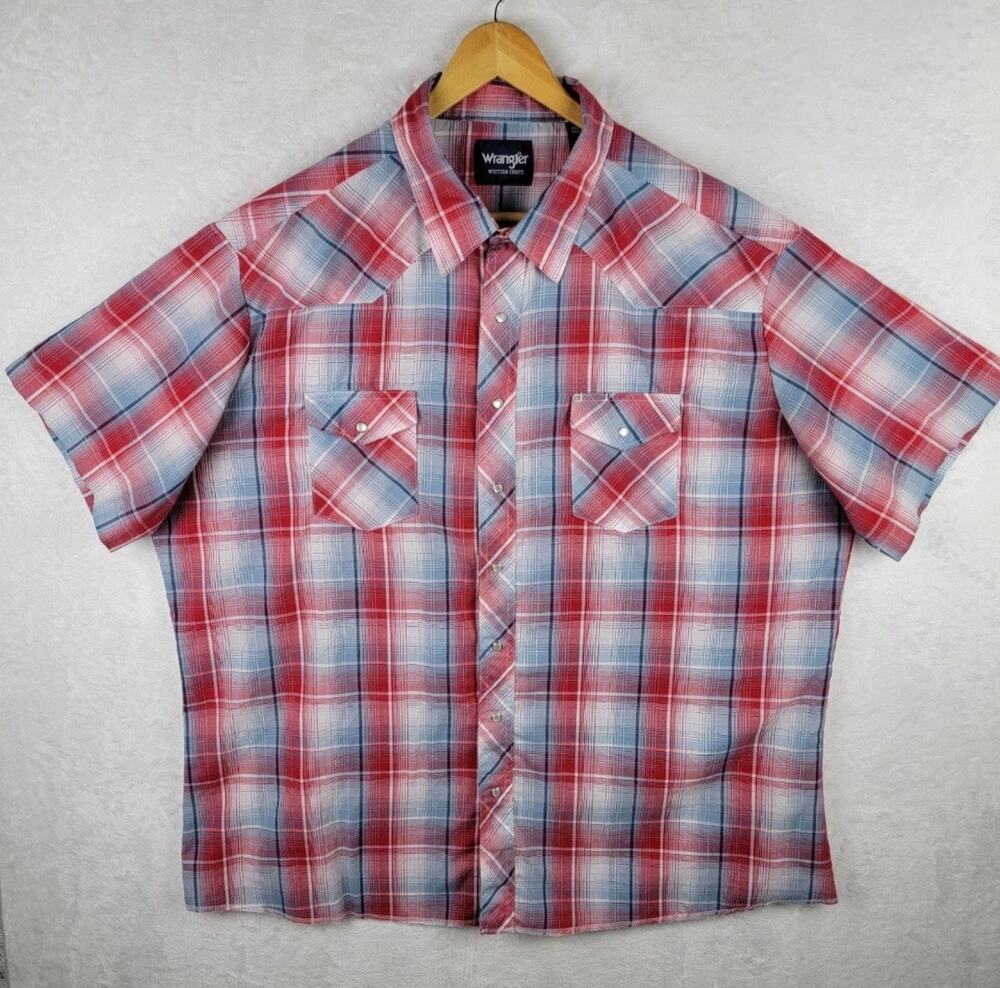 Wrangler Shirt Men Western Short Sleeve Snap Pockets Red Blue Plaid Ranch 3XLT